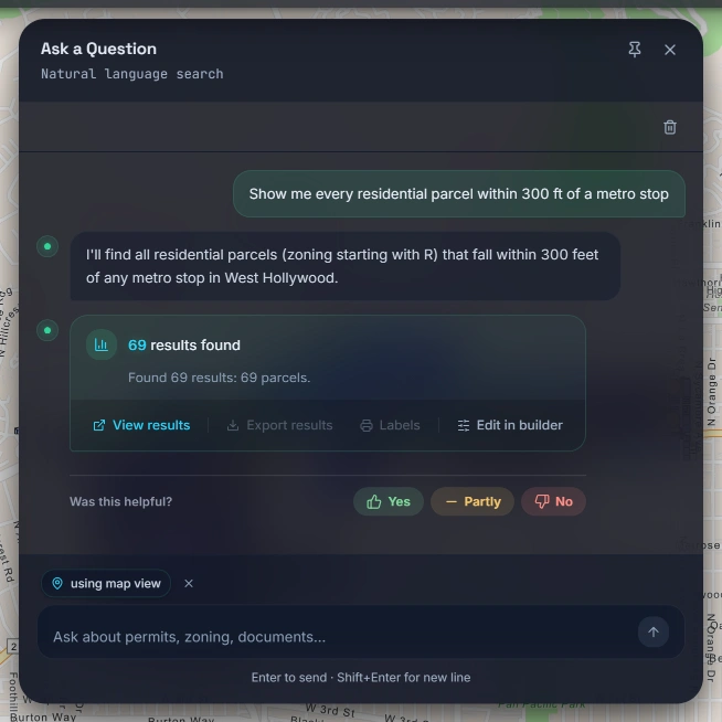 The MOSAIC Ask a Question panel: the question, the interpretation, and "69 results found" with View results, Export results, Labels and Edit in builder.