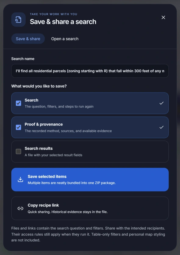 The MOSAIC Save & share a search dialog: the search name, then the choices Search, Proof & provenance and Search results, saved together as one ZIP package, and Copy recipe link.