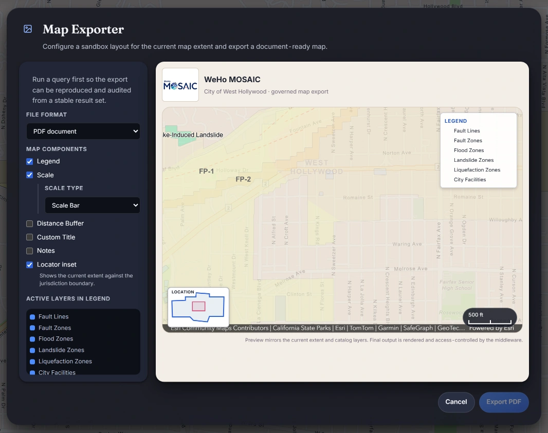 The MOSAIC Map Exporter: a governed, document-ready map export with legend, scale bar and locator inset, rendered and access-controlled by the middleware.