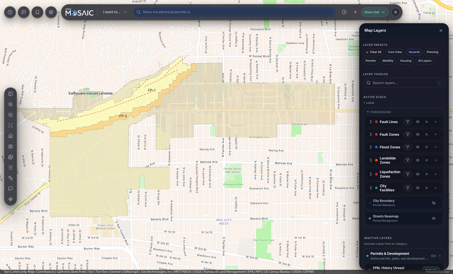 MOSAIC with the Hazards layer preset active: fault lines, fault zones, flood, landslide and liquefaction zones over West Hollywood.