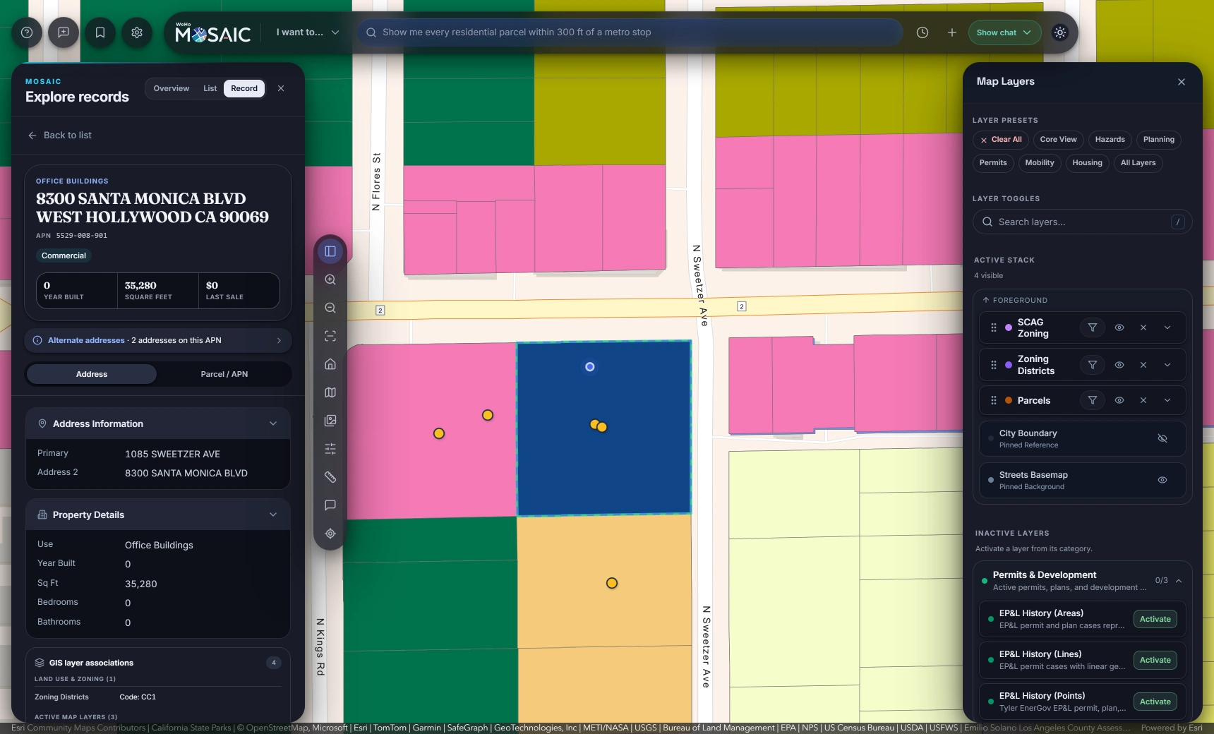 The MOSAIC Map Layers panel with presets, the active layer stack and inactive layer groups.