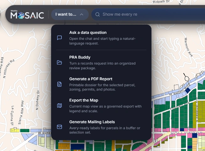The MOSAIC "I want to…" menu: Ask a data question, PRA Buddy, Generate a PDF Report, Export the Map, Generate Mailing Labels.