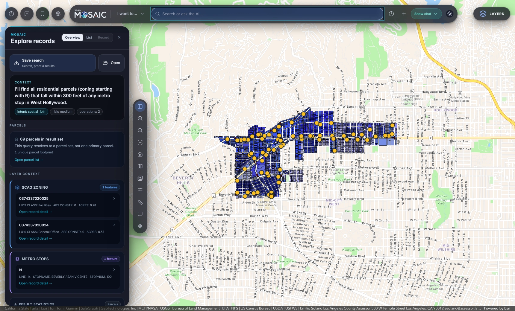MOSAIC after the question "Show me every residential parcel within 300 ft of a metro stop": 69 result parcels marked on the West Hollywood map, and the Explore records panel with the interpretation, intent spatial_join, risk medium, 2 operations, 69 parcels in the result set and the layer context.