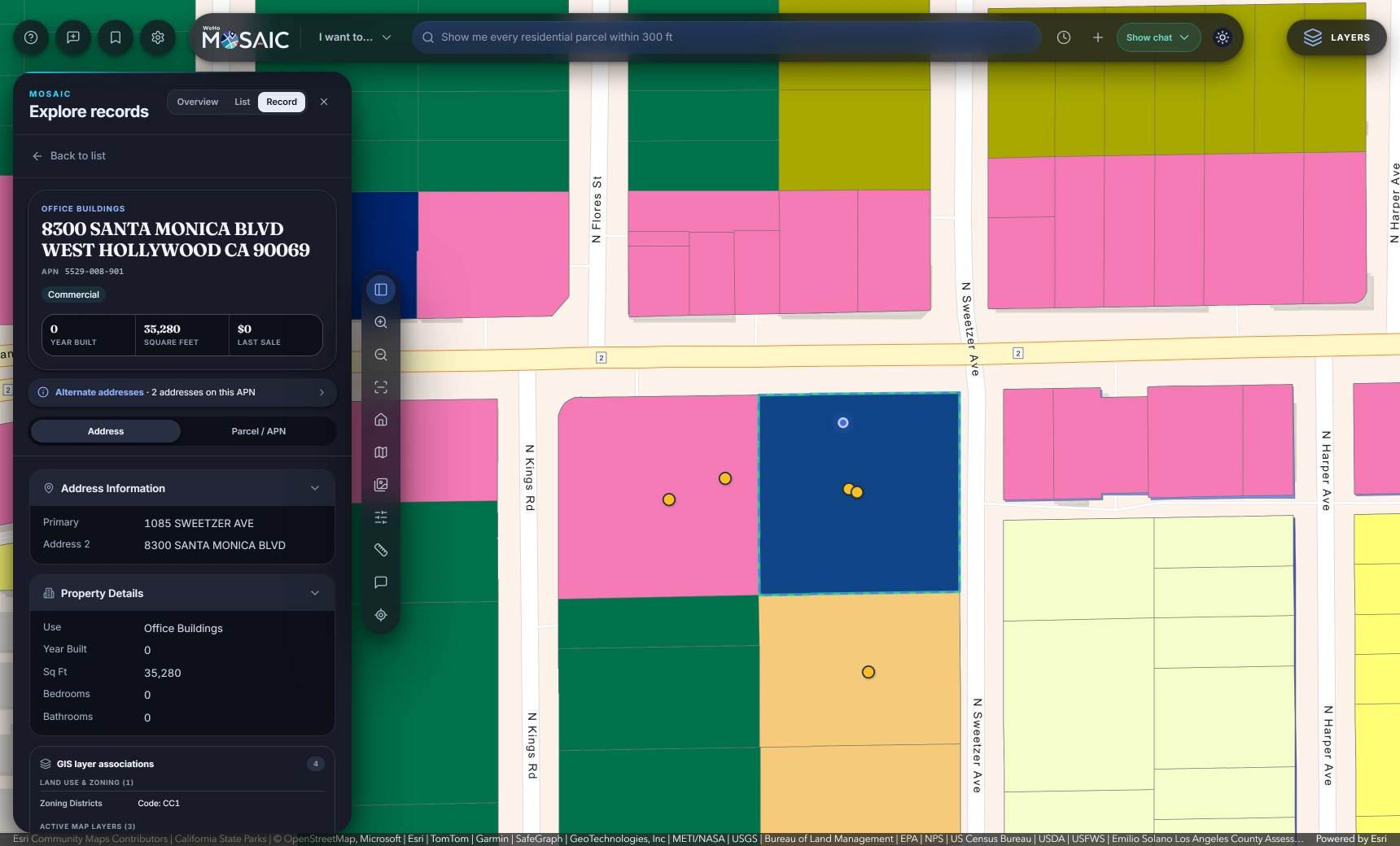 The MOSAIC parcel record for 8300 Santa Monica Boulevard, West Hollywood City Hall, with address, property details and GIS layer associations beside the map.
