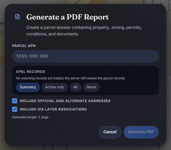 The MOSAIC Generate a PDF Report dialog for a parcel dossier with property, zoning, permits, conditions and documents.