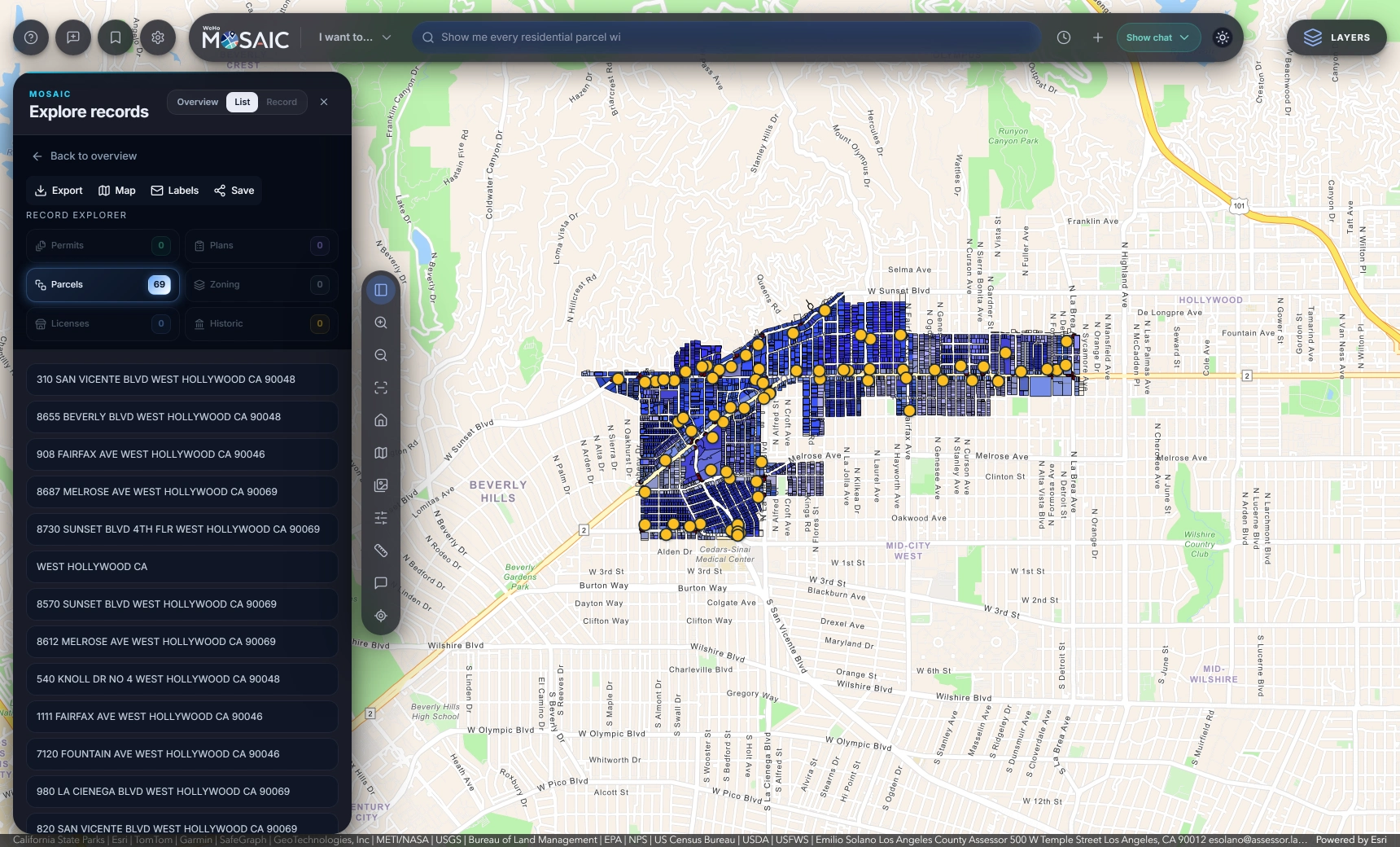 The Explore records List view: Record Explorer counts with 69 parcels, an Export, Map, Labels and Save toolbar, and the first result rows by address, with the 69 parcels marked on the map.