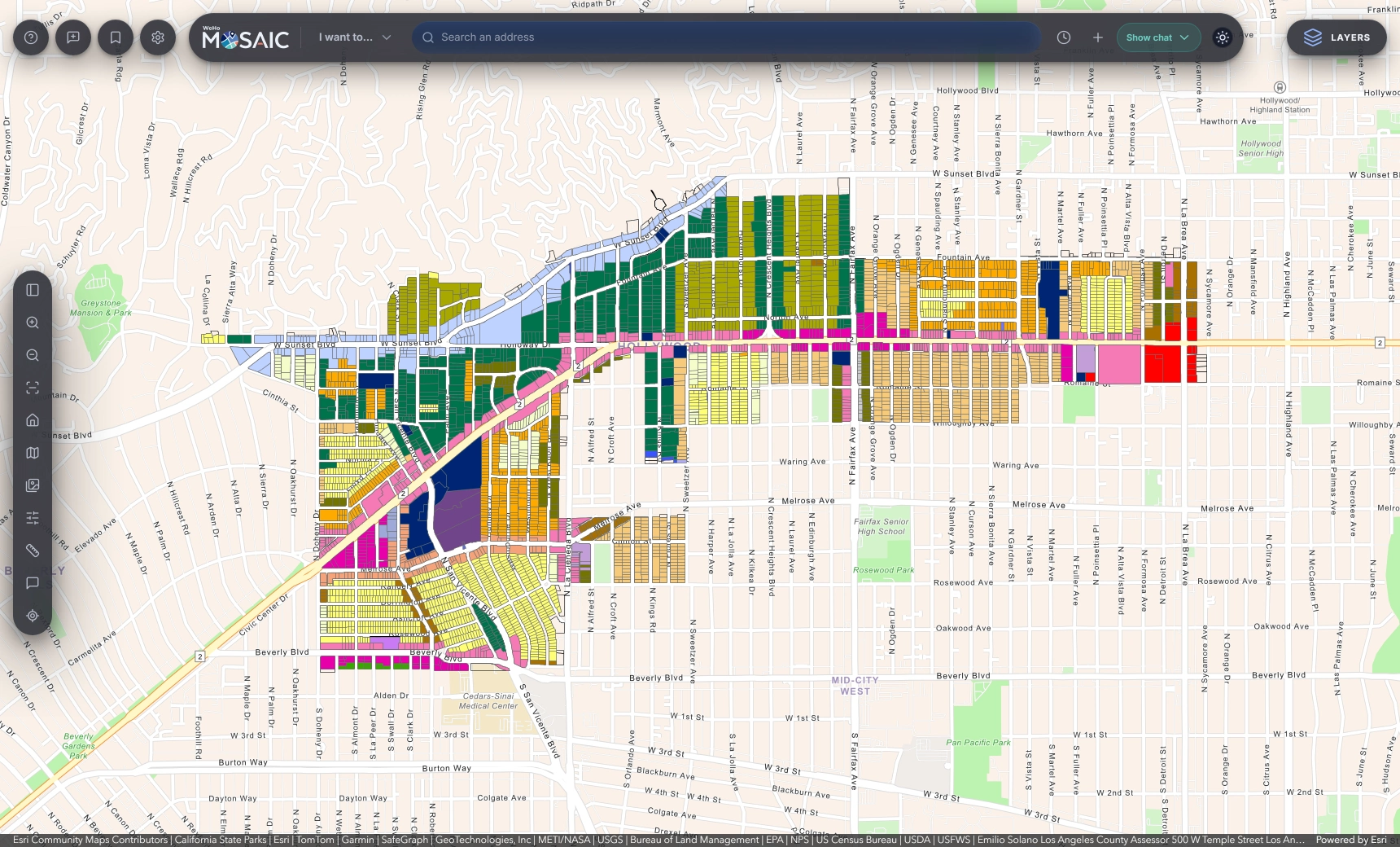 MOSAIC: the West Hollywood zoning and parcel map with the command bar, map tools and Layers button.